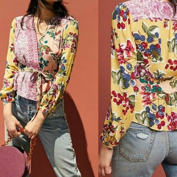 Anthropologie Tops - Anthropologie Meadow Rue Floral Patch Wrap Blouse